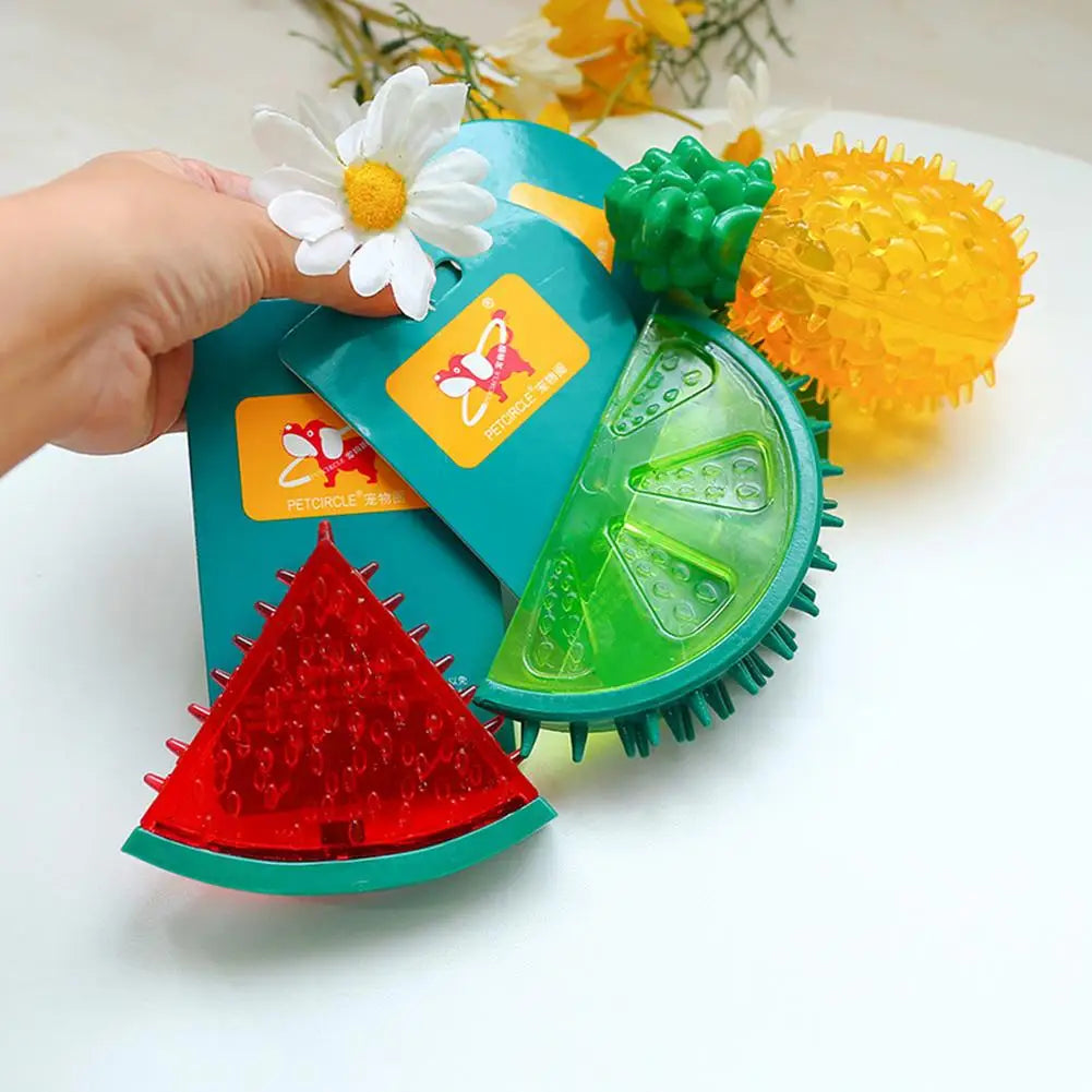 Summer Cooling Dog Toys Fruit Shape Chew Puppy Toy Frozen Ice Dog Squeaky Rubber Toy Lemon Pineapple Watermelon Dog Toothbrush