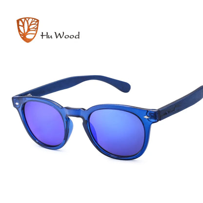 HU WOOD Wooden Sunglasses Women Plastic Frame Fashion Shades Fashion Blue Mirror Sun Glasses for Men Round Sunglass GR8017