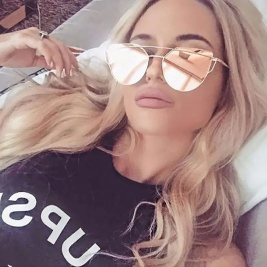 New Fashion Cat Eye Vintage Rose Gold Mirror Woman's Sunglasses Metal Reflective Flat Lens Tourism Sunglasses Multi-Color Style