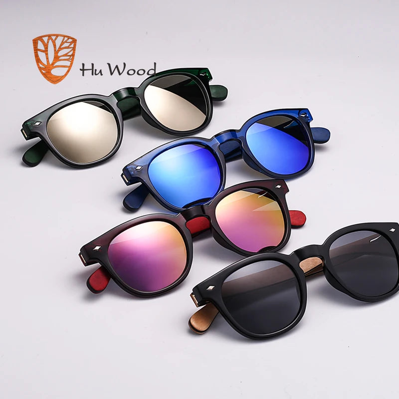 HU WOOD Wooden Sunglasses Women Plastic Frame Fashion Shades Fashion Blue Mirror Sun Glasses for Men Round Sunglass GR8017