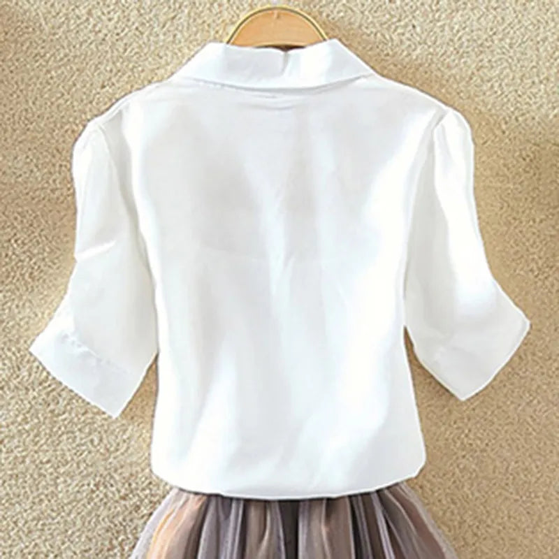 Women’s Cotton Blouse Shirt – White, Short Sleeve, Loose Fit, Casual Summer Top