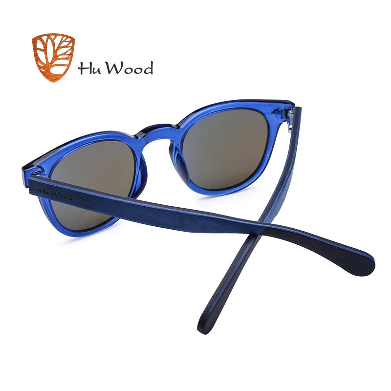 HU WOOD Wooden Sunglasses Women Plastic Frame Fashion Shades Fashion Blue Mirror Sun Glasses for Men Round Sunglass GR8017
