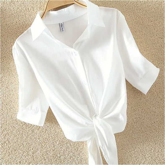 Women’s Cotton Blouse Shirt – White, Short Sleeve, Loose Fit, Casual Summer Top