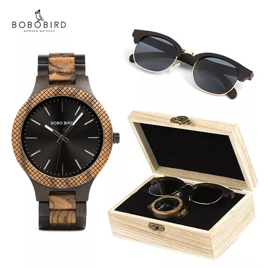 BOBO BIRD Men's Watch Sunglasses Set Wooden Timepieces Japan Movement Quartz Watches Men Great Custom Gift Reloj Hombre