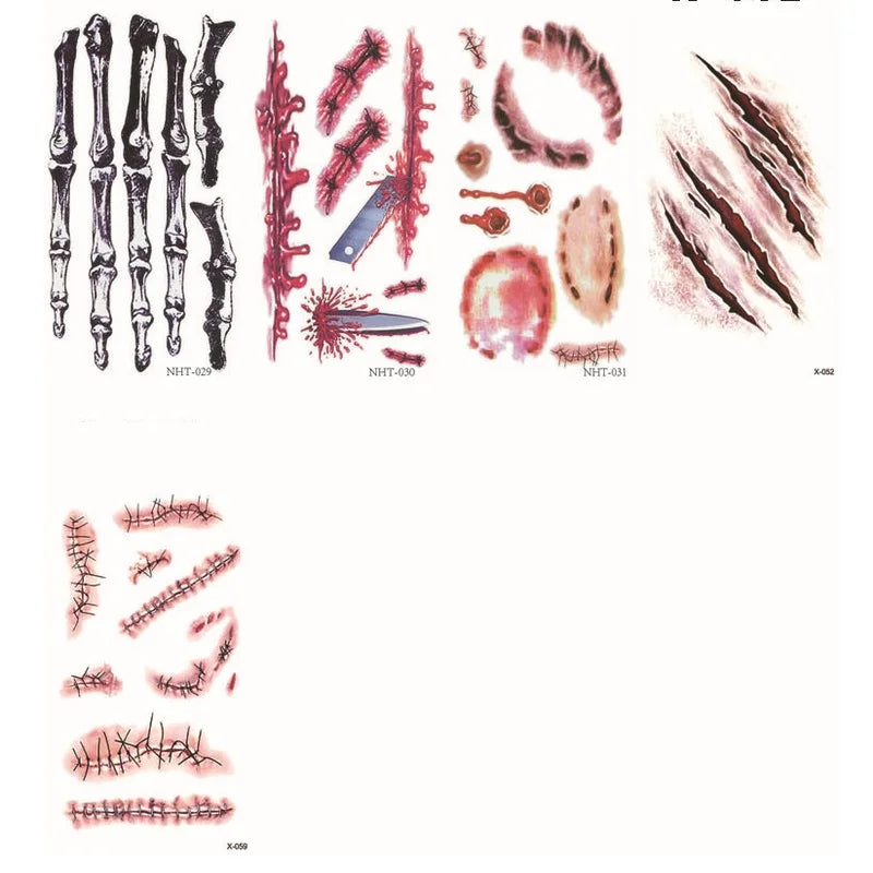 3Pcs/Set Waterproof Tattoo Sticker Halloween Zombie Scar Tattoos Fake Scars Bloody Costume Makeup Halloween Decoration