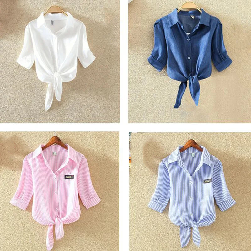Women’s Cotton Blouse Shirt – White, Short Sleeve, Loose Fit, Casual Summer Top