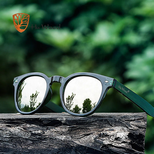 HU WOOD Wooden Sunglasses Women Plastic Frame Fashion Shades Fashion Blue Mirror Sun Glasses for Men Round Sunglass GR8017