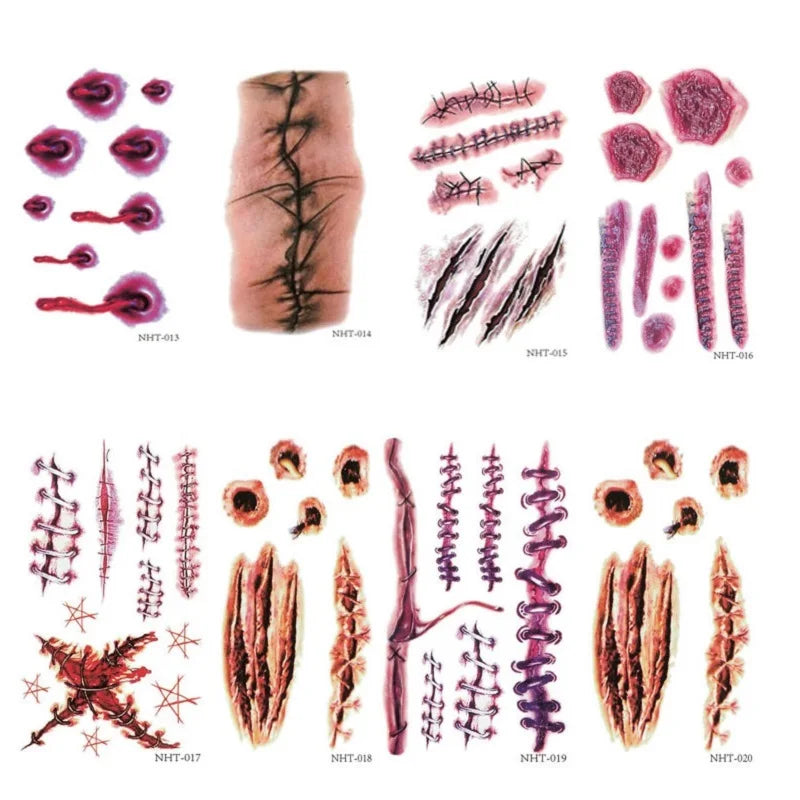 3Pcs/Set Waterproof Tattoo Sticker Halloween Zombie Scar Tattoos Fake Scars Bloody Costume Makeup Halloween Decoration