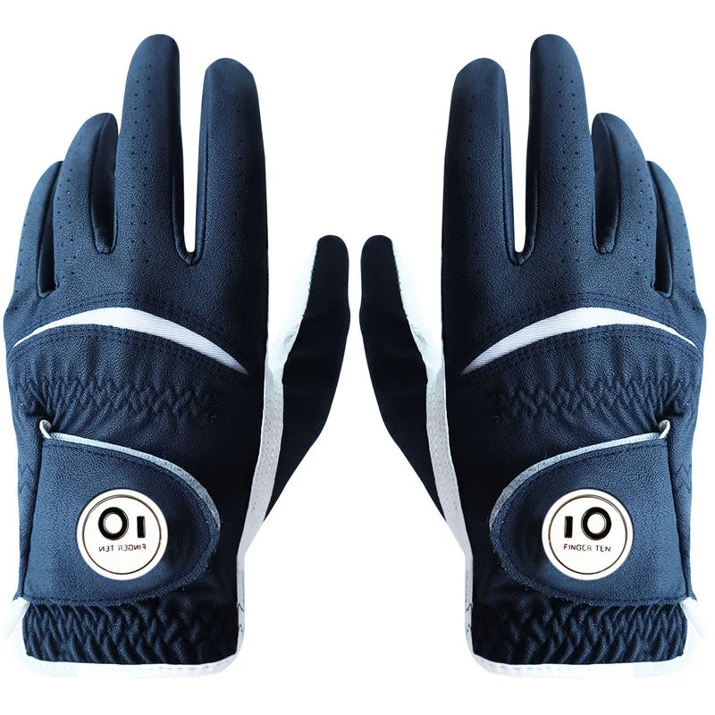 2 Pcs Soft Pu Leather Mens Golf Gloves With Ball Marker Cabretta All Weather Grip Navy Khaki Red Small Medium Large XL