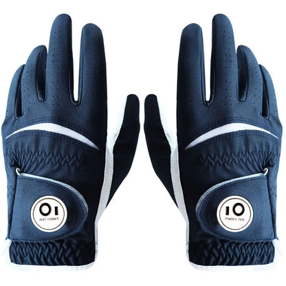 2 Pcs Soft Pu Leather Mens Golf Gloves With Ball Marker Cabretta All Weather Grip Navy Khaki Red Small Medium Large XL