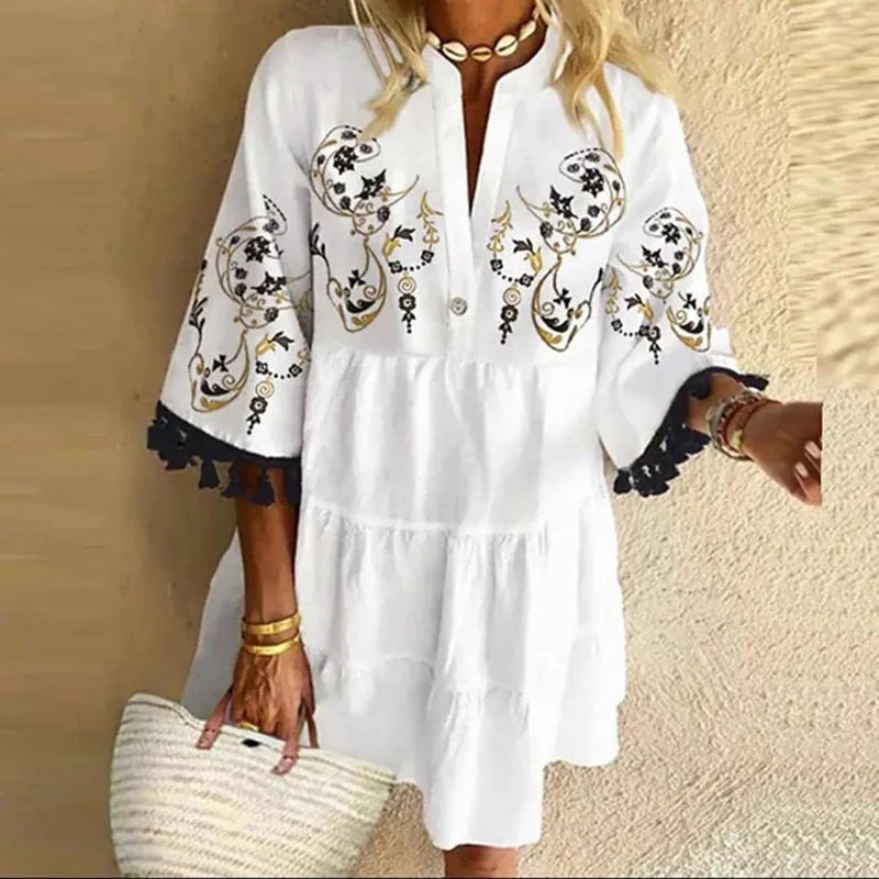 Casual Mini Dress Woman v Neck Summer Dress 2023 Vintage Print Patchwork Loose Beach Dress Ladies Party Dresses