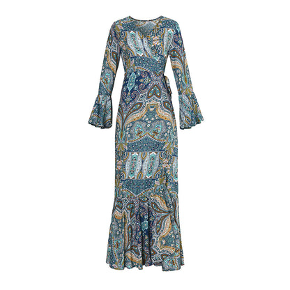 NS040 2022 Summer Blue Dress for Women  Beach Long Dress Women Bandana Casual Boho Dress