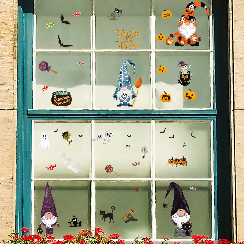 4sheets Halloween Stickers Gnome Window Clings Halloween Window Stickers Pumpkin Ghost Skeleton Bats Decals for Halloween Decor