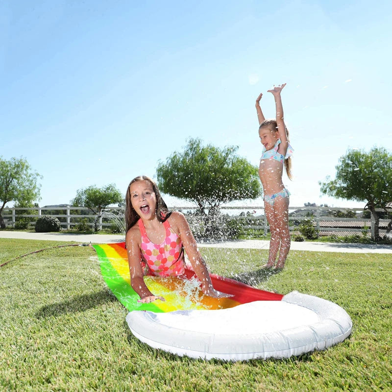 16 FT Lawn Water Slides Rainbow Slip Slide Play Center With Splash Sprinkler and Inflatable Crash Pad for Kids Summer  Pool Toys