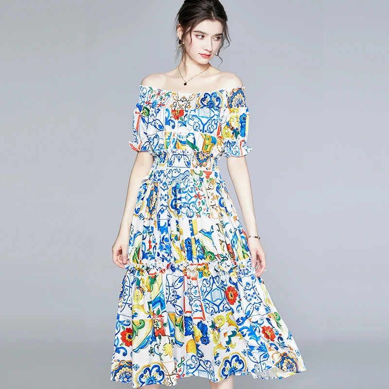 Summer Sundress Runway Rose Floral Print Cotton Dress Women Off Shoulder Puff Sleeve Flower Buttons Pocket Beach Sexy Dress