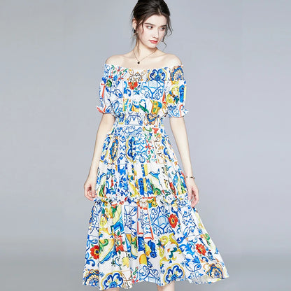 Summer Sundress Runway Rose Floral Print Cotton Dress Women Off Shoulder Puff Sleeve Flower Buttons Pocket Beach Sexy Dress