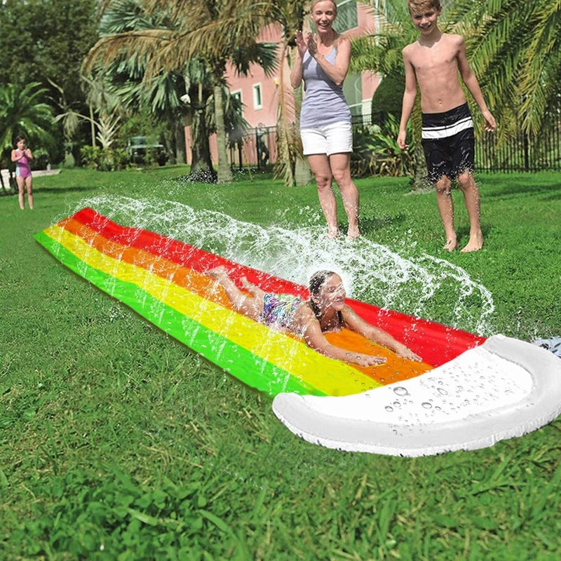 16 FT Lawn Water Slides Rainbow Slip Slide Play Center With Splash Sprinkler and Inflatable Crash Pad for Kids Summer  Pool Toys
