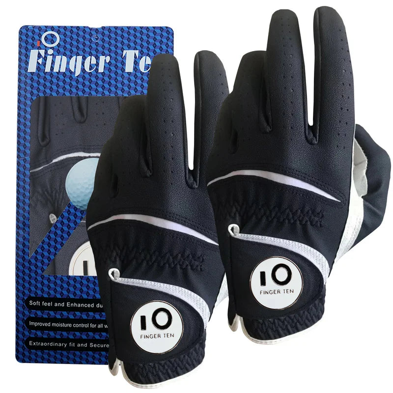 2 Pcs Soft Pu Leather Mens Golf Gloves With Ball Marker Cabretta All Weather Grip Navy Khaki Red Small Medium Large XL