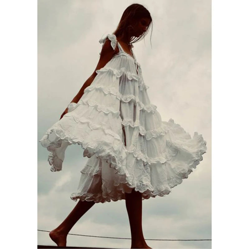 KHALEE YOSE White Summer Long Dress Boho Holiday Dresses Womens Cotton Lace Off the Shoulder Chic Strappy Layer Sexy Beach Dress