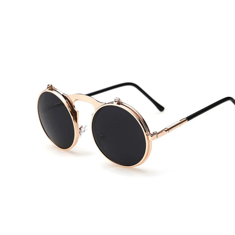 Retro Flip Round Sunglasses Man Woman Metal Steampunk Style Sun Glasses Male Female Double Circular Clear Lens Eyeglasses