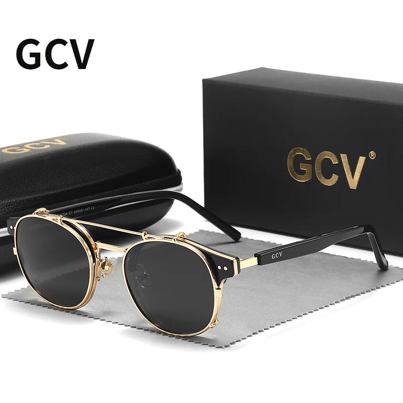 GCV Double Layer Removable Lens Sunglasses the Blu-Ray Glasses Acetate Gothic Retro Steampunk Polarized Men Women Sunglesses