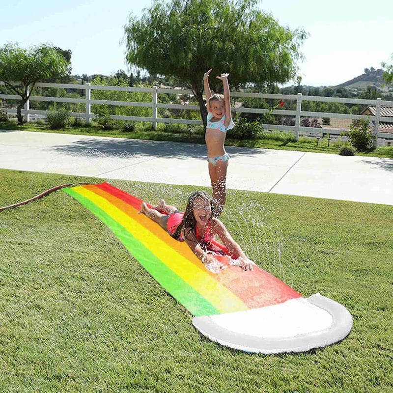 16 FT Lawn Water Slides Rainbow Slip Slide Play Center With Splash Sprinkler and Inflatable Crash Pad for Kids Summer  Pool Toys