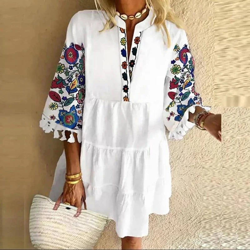 Casual Mini Dress Woman v Neck Summer Dress 2023 Vintage Print Patchwork Loose Beach Dress Ladies Party Dresses