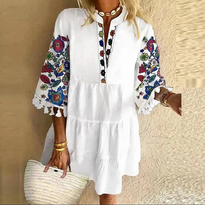 Casual Mini Dress Woman v Neck Summer Dress 2023 Vintage Print Patchwork Loose Beach Dress Ladies Party Dresses
