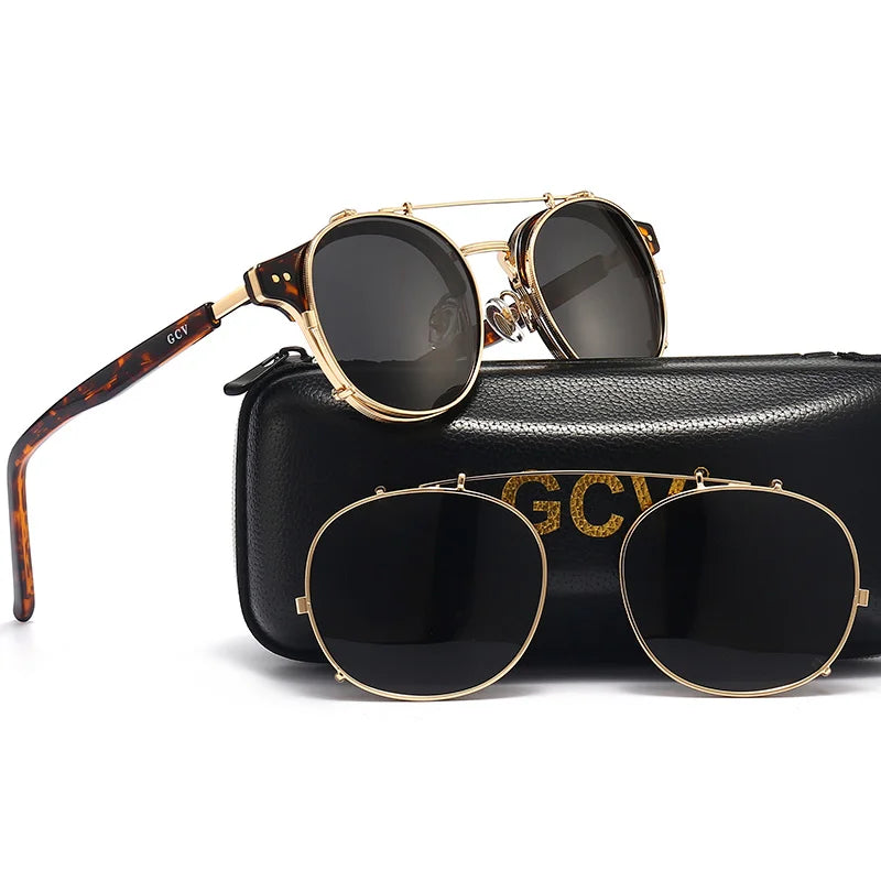 GCV Double Layer Removable Lens Sunglasses the Blu-Ray Glasses Acetate Gothic Retro Steampunk Polarized Men Women Sunglesses