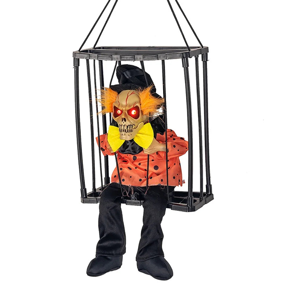 Halloween Scary Skull Decoration Hangable Talking Ghost Prop With Glowing Eye Sound Doll Electric Skeleton Toy in Prisoner Cage