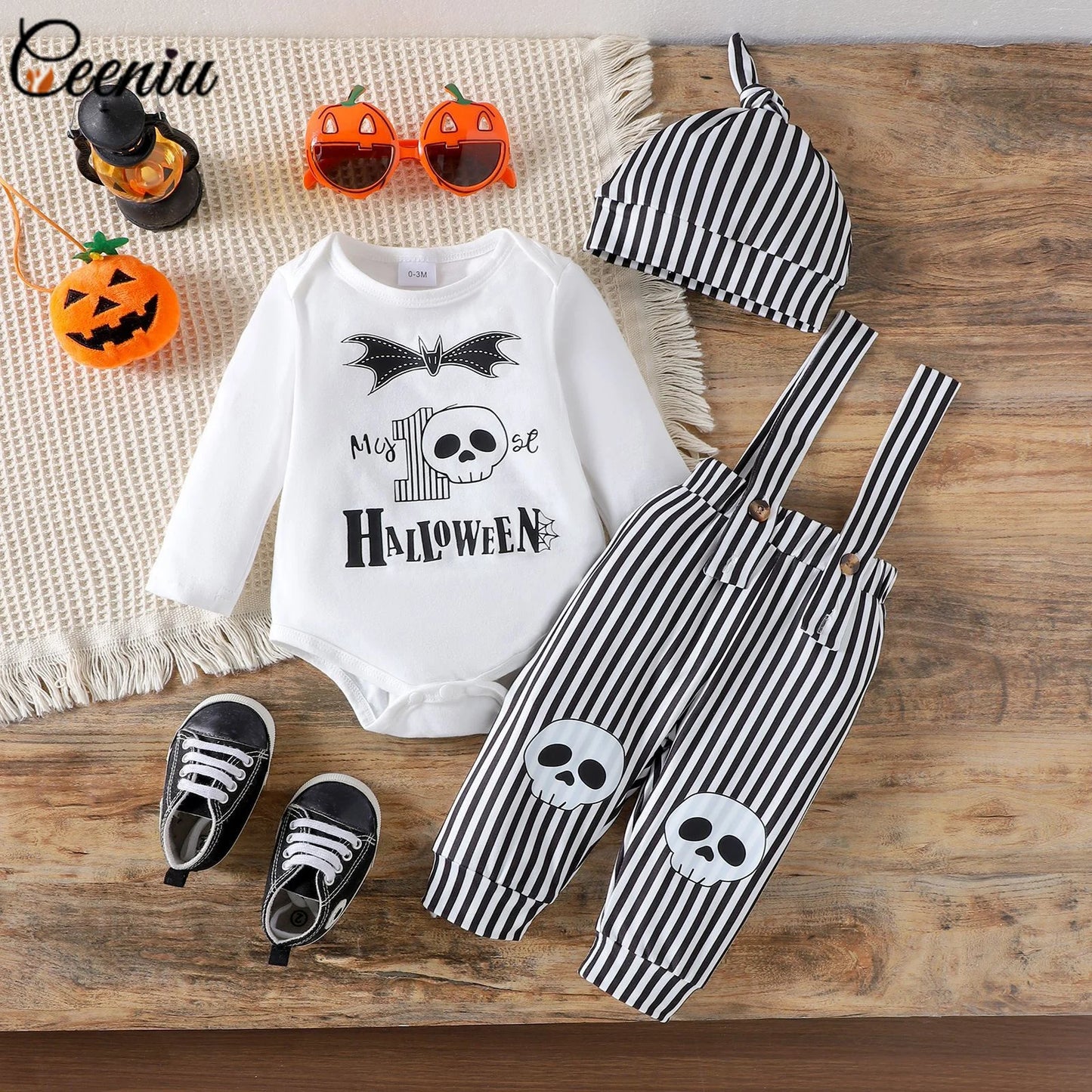 Ceeniu My First Halloween Baby Outfit for Boys Long Sleeve Letter Romper Suspender Pants+Hat Newborns Baby Halloween Costumes