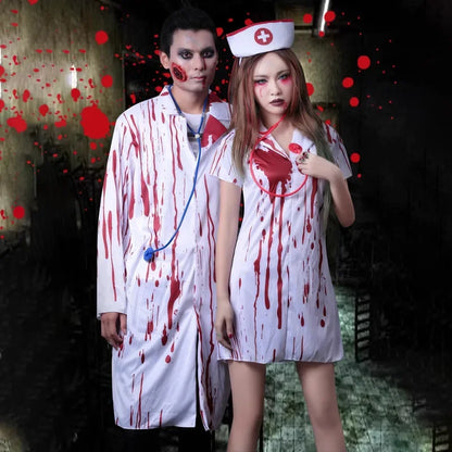 Women Sleeveless Dress Horror Bloody Nurse Skull Overalls Terror Cosplay Halloween Costumes Ghost Nurse Carnival Prop Clothes