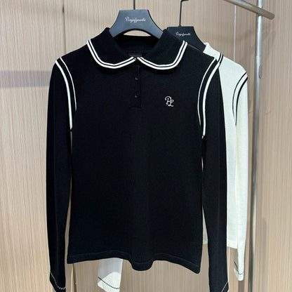 PL Autumn Spring Long Sleeve Golf Tops Women Warm Slim Sweater Ladies Soft Knitted Golf Tops Korean Lapel Pullover S-Xl