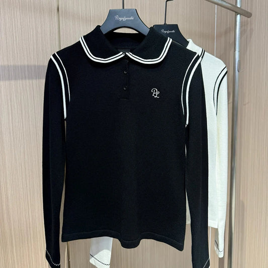 PL Autumn Spring Long Sleeve Golf Tops Women Warm Slim Sweater Ladies Soft Knitted Golf Tops Korean Lapel Pullover S-Xl