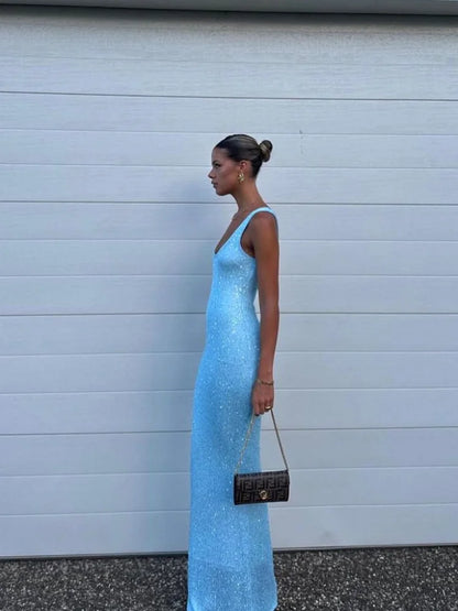 Sexy Blue Shiny Sequin Slim Fit  Women Sling Long Dress Fashion Sleeveless Backless U Neck Robe 2025 Summer New Lady  Beach Wear