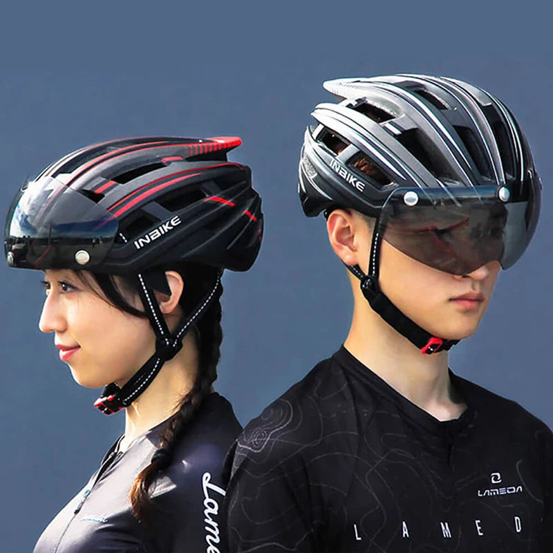 INBIKE Bicycle Helmets for Men With Lights Ultralight Outdoor Riding Magnetic Goggle Helmet Cycling Helmet Man Bike Accessories