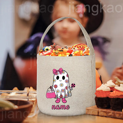 Personalized Trick or Treat Bag Custom Name Candy Bucket Bag Halloween Party Ghost Tote Bags Portable Cookie Basket Gift for Kid