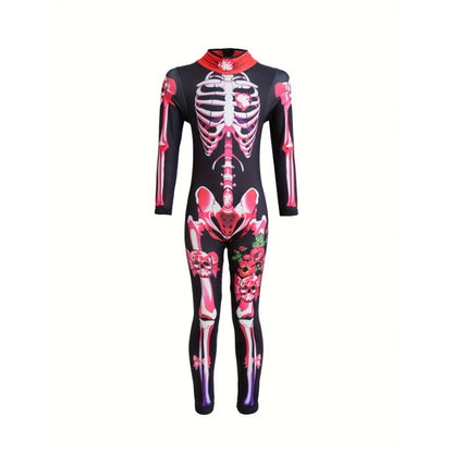 Girls Halloween Haunted House Themed Party Long Sleeve Allover Ladies Cartoon Skeleton With Heart & Skulls Graphic Print Stand