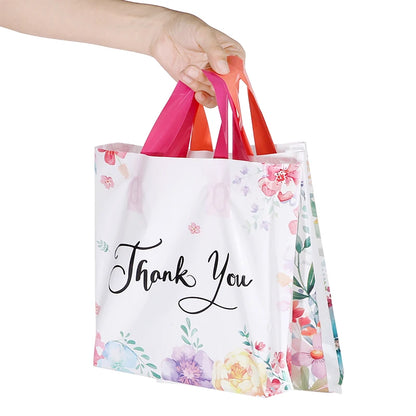 10/20/30Pcs Thank You Gift Bag Floral Design Plastic Tote Bags for Wedding Birthday Party Gift Packaging Thanksgiving Christmas