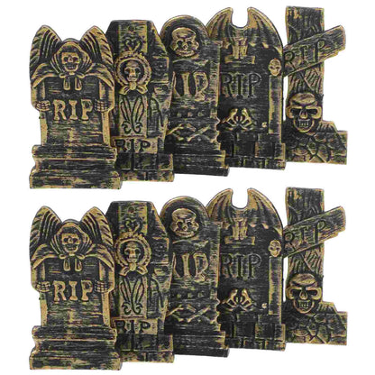 10pcs Skull Tombstone Decor Gravestone Decoration Plastic Headstone Shape Adornment Halloween Tombstones Props Festive Party