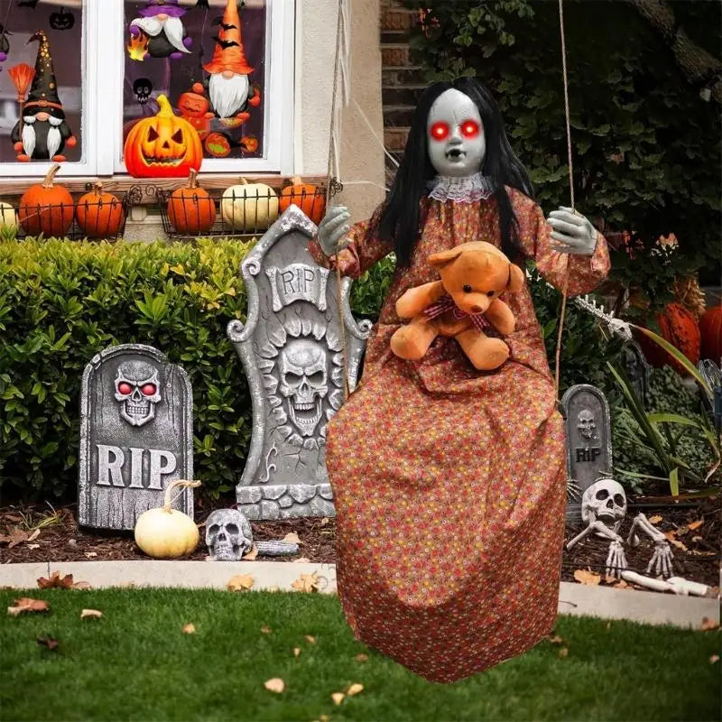 K43D Scary Halloween Decorations Sound Activated Swinging Ghostly Doll With Light Up Eye for Garden Yard Indoor and Outdoor