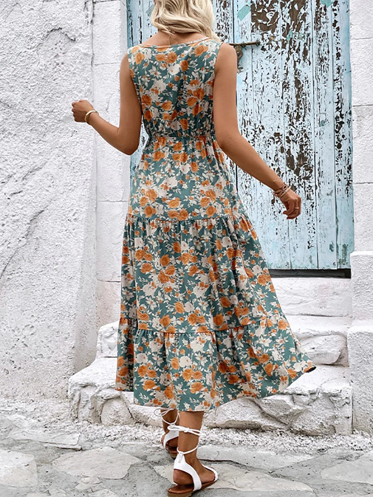 Elegant Floral Long Dress Women Summer Casual Bandage Sleeveless Ruffle Beach Dress Fashion Blue v Neck New in Dresses