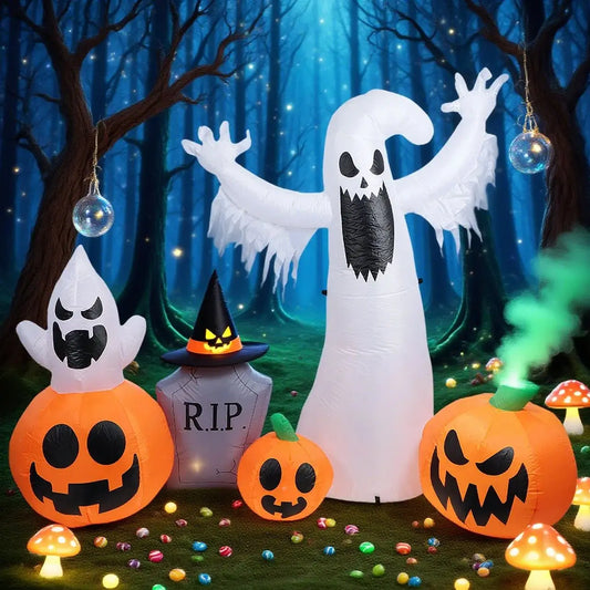 Inflatable 3 Pumpkins With 2 White Ghosts Blow Up Halloween Decoration for Inside Outside Yard Garden Party Festival