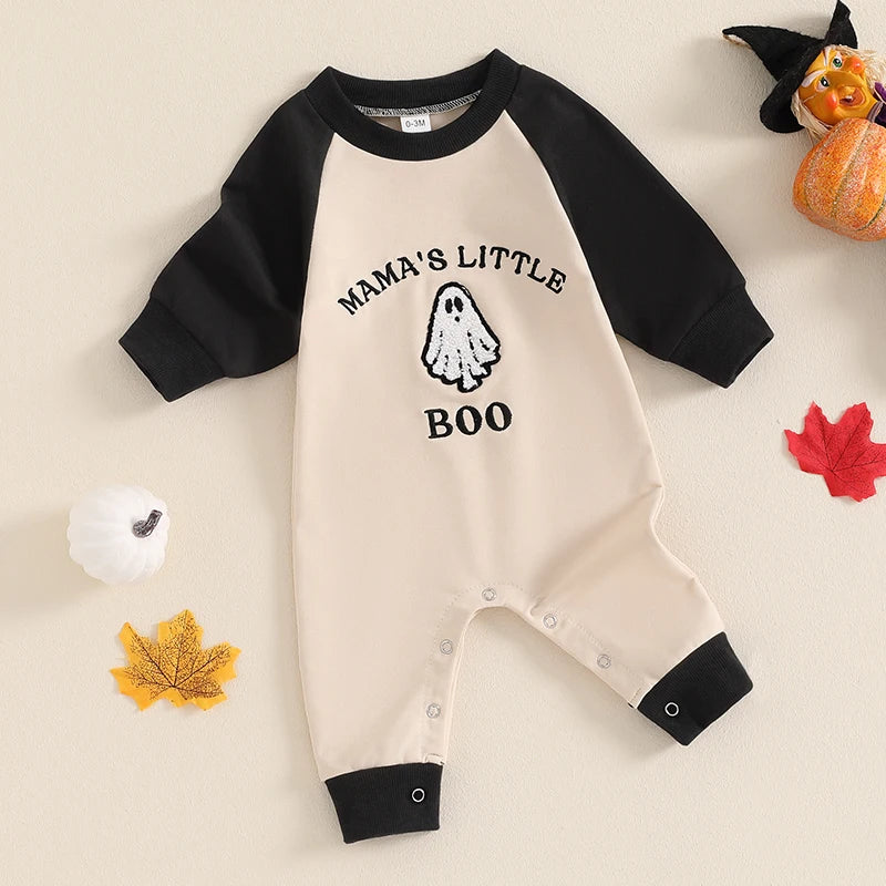 Baby Boys Halloween Casual Romper Long Sleeve Crew Neck Letter Ghost Embroidery Jumpsuit