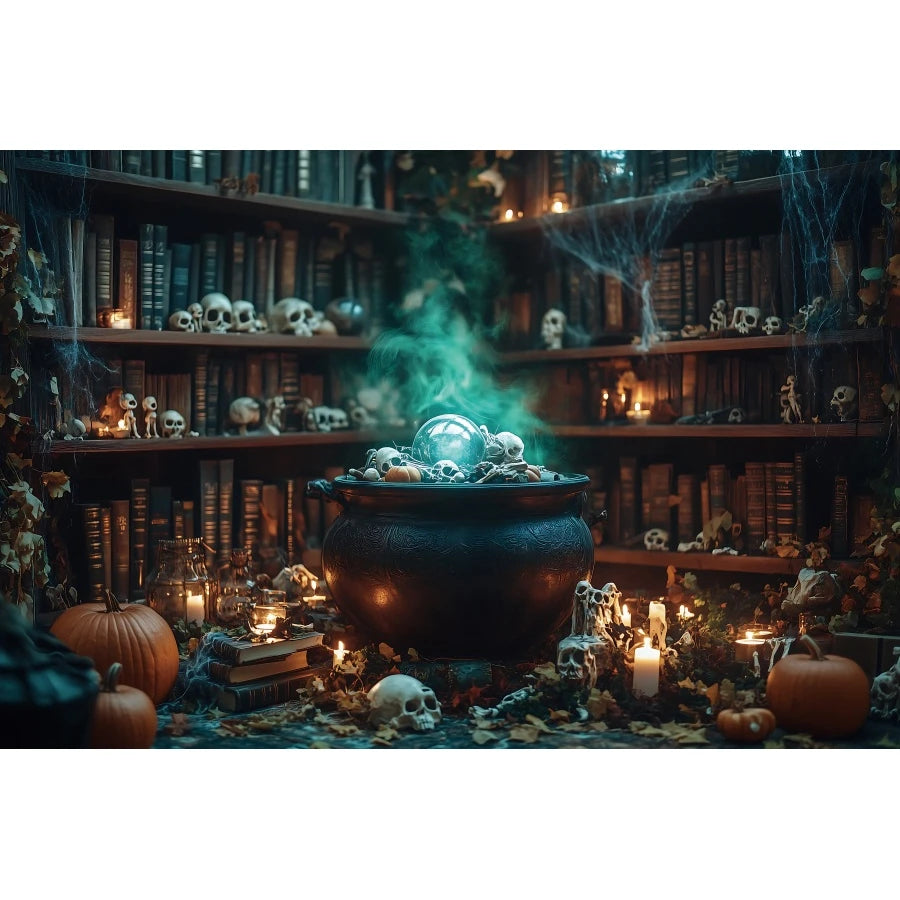 Halloween Horror Photo Backgrounds Witches Magic Boiler Bookshelf Pumpkin Lanterns Spider Web Spooky Party Photography Backdrops