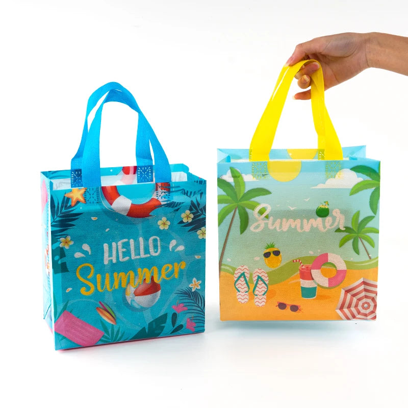 Summer Vacation, Holiday Portable Non Woven Portable Shopping Gift Bags, Beach, Kids, Games, Surfing, Toys, Snacks Theme, 12pcs