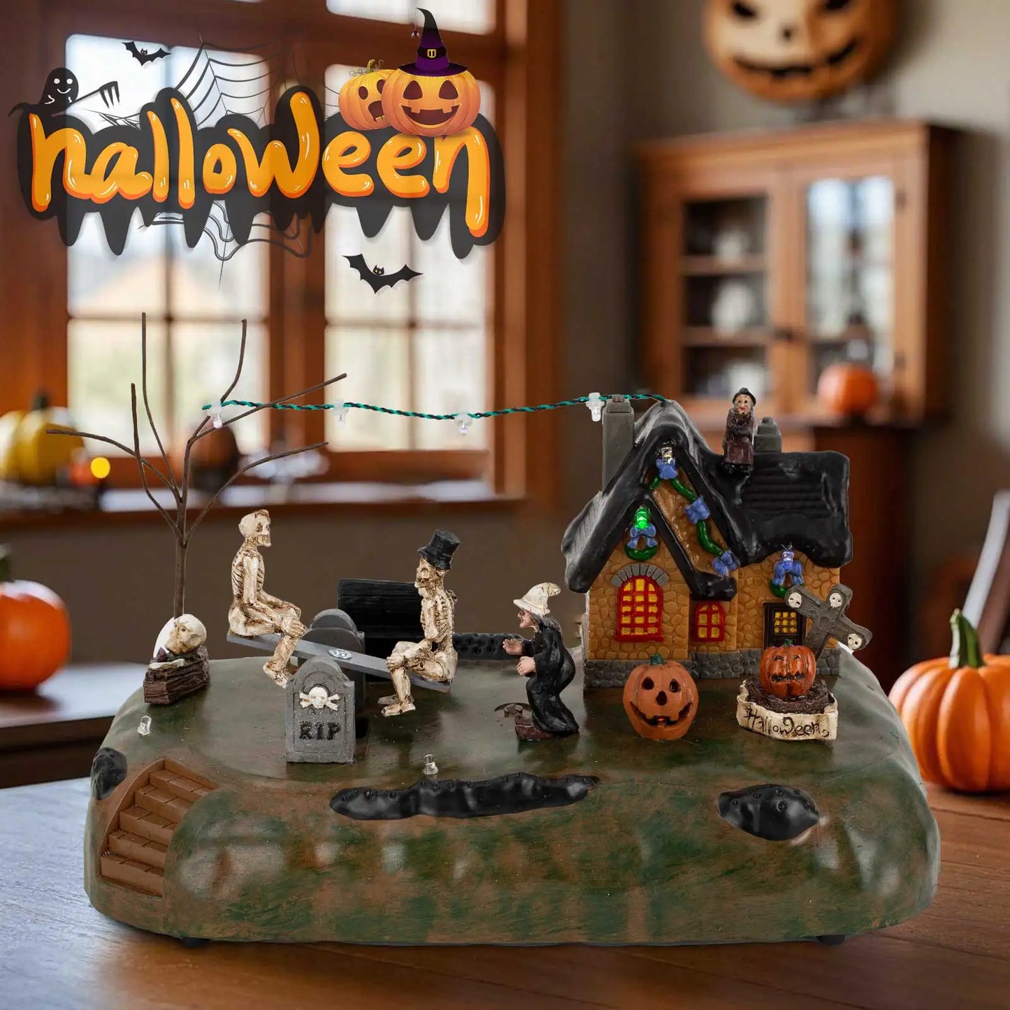 Halloween Village House Decoration With Rip Tombstones See-Saw and LED Light Terror Laughter Scary Collectible Building Holiday