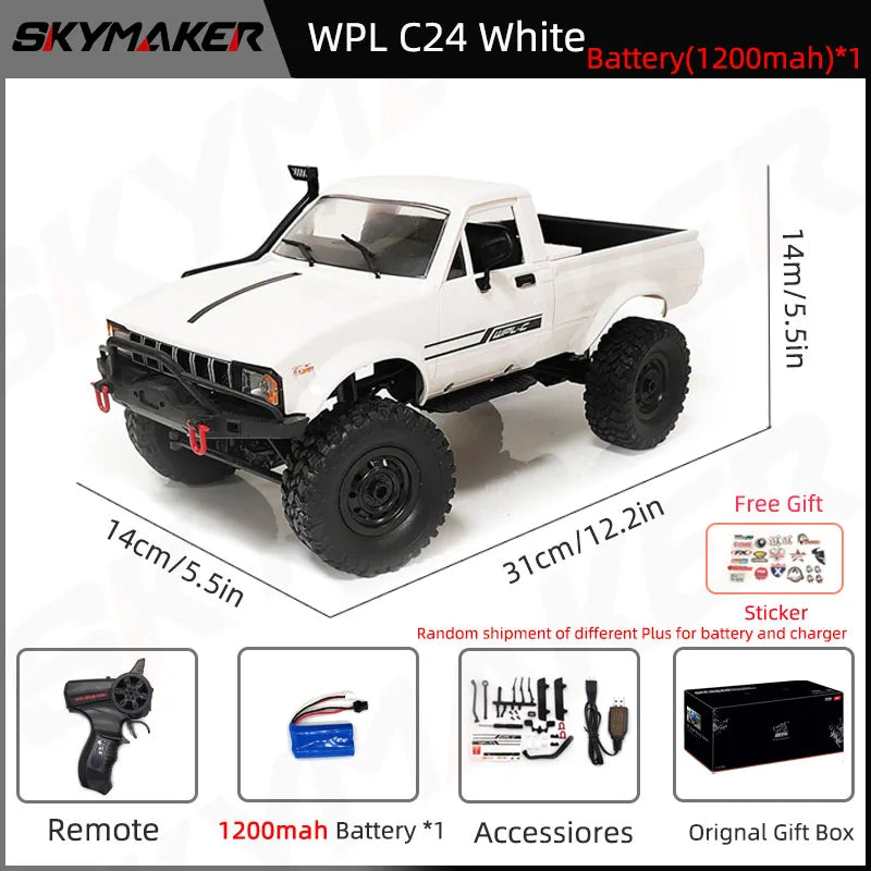 WPL C24-1 Full Scale RC Car 1:16 2.4G 4WD Rock Crawler Electric Buggy Climbing Truck LED Light On-Road 1/16 for Kids Gifts Toys