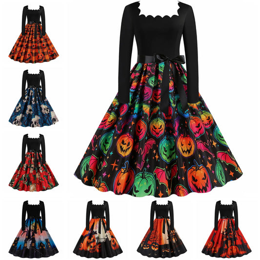 Gothic Scary Pumpkin Print Retro Halloween Festival Costumes Women Dress 2025 Autumn Fashion Long Sleeve Cosplay Party Vestido
