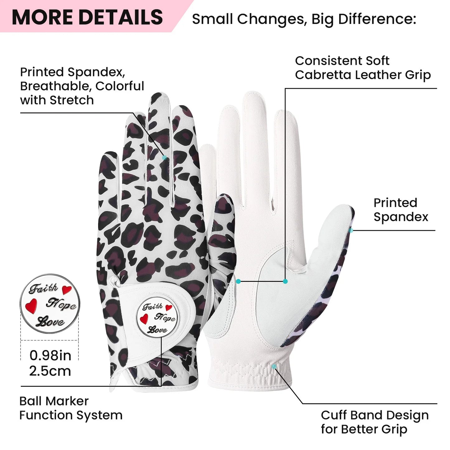Womens Golf Glove With Ball Marker Rain Left Right Hand Leather Printed 6 Pack, Ladies Golf Gloves All Weather Grip